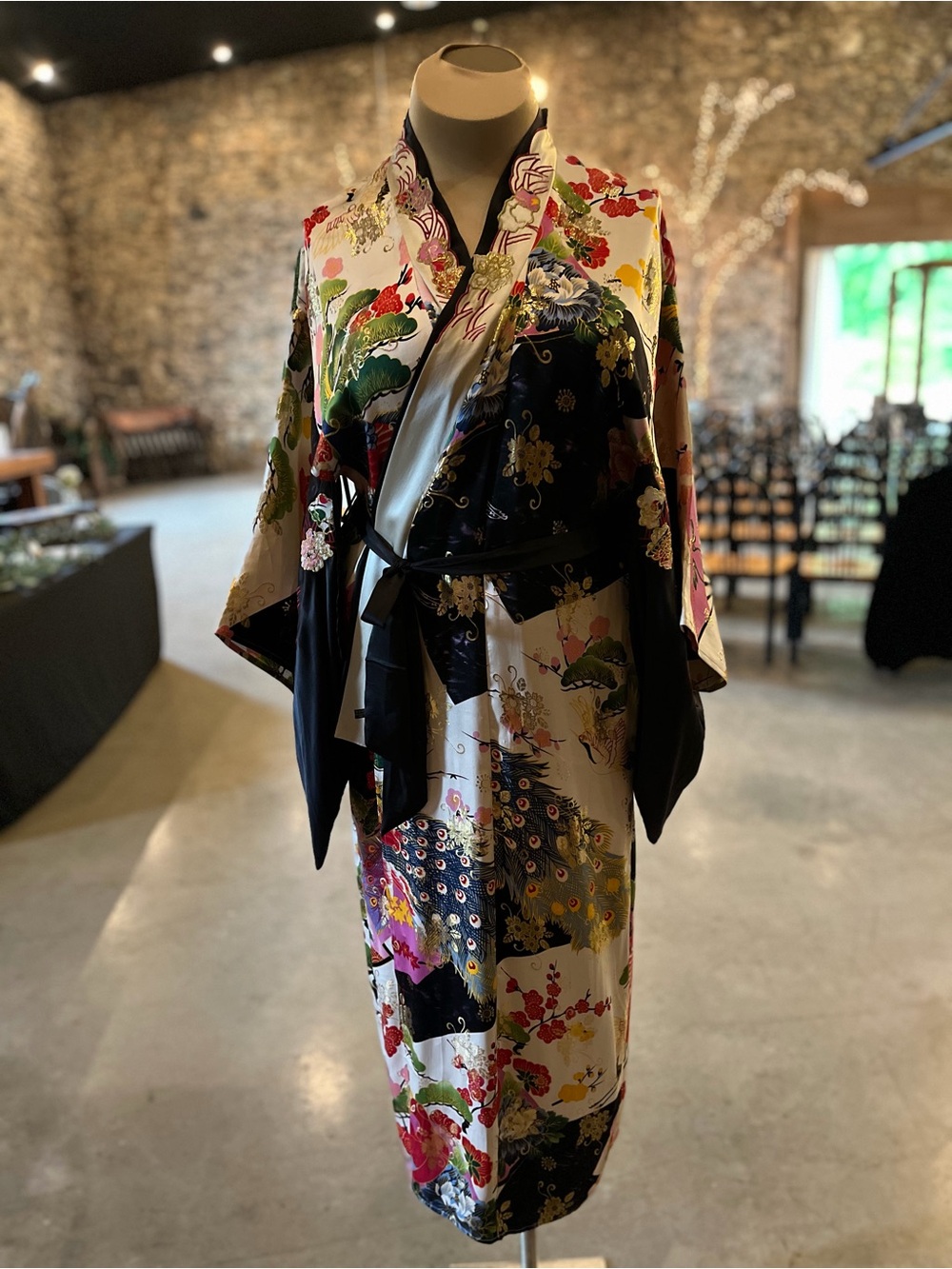 Frederick's of Hollywood Black, Pink & Cream Embroidered Kimono